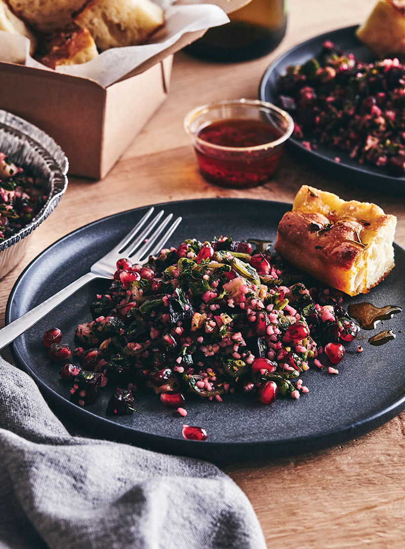 Spring Tabbouleh with Beets,
Sugar snap peas, Cucumber,
Walnut and Pomegranate