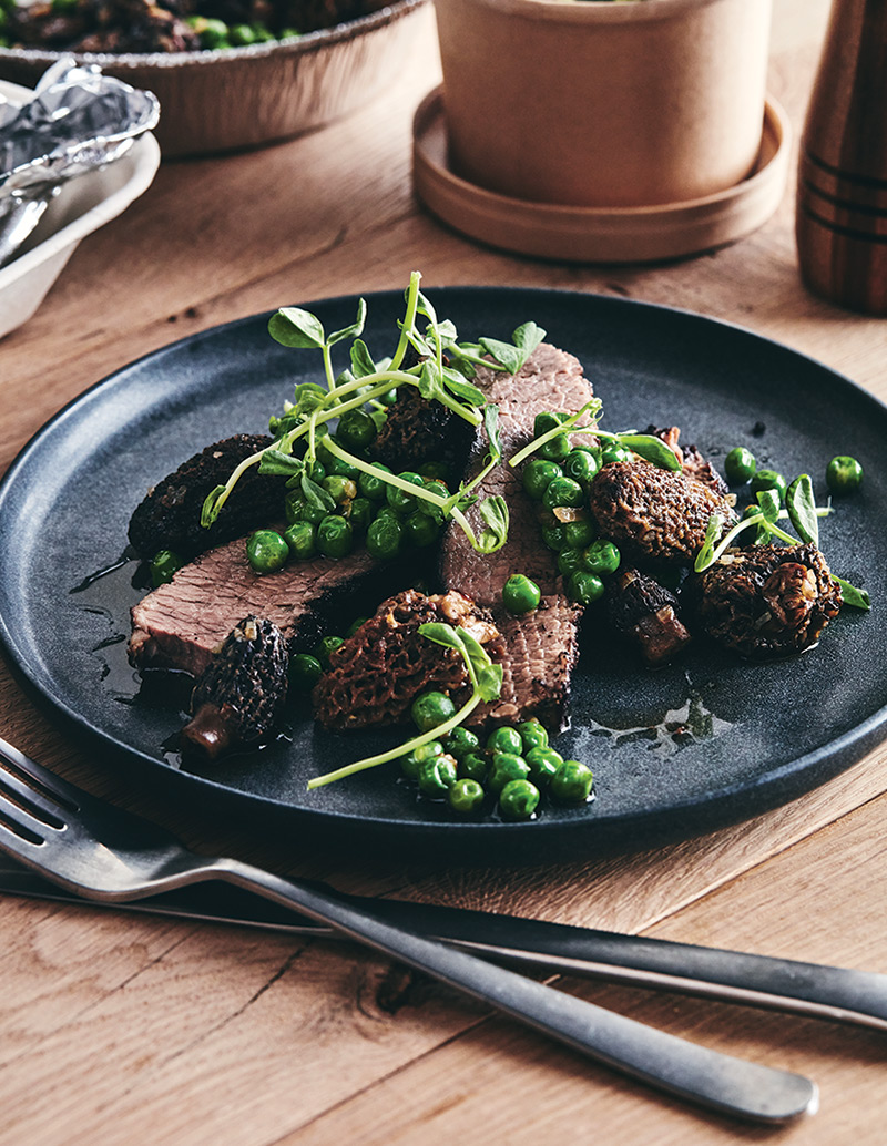 Smoked and Braised Brisket
with Morels and English peas